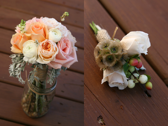Peach and white rose wedding bouquets