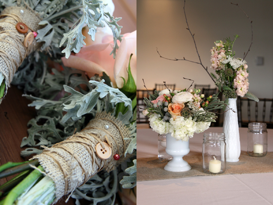 Rustic burlap wedding bouquets and centerpiece
