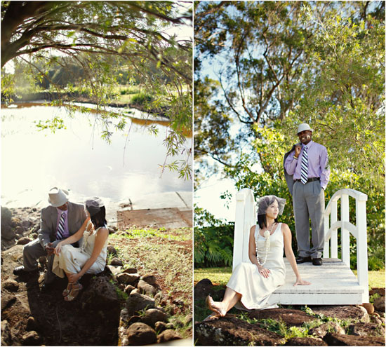 Couple posing by the water and on a white bridge