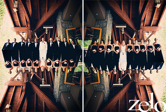 Mirrored bridal party under geometric wood architecture
