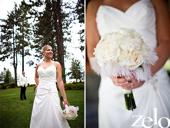 Smiling bride with bouquet at outdoor wedding venue