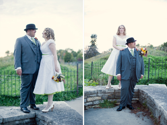 Happy couple in vintage wedding attire