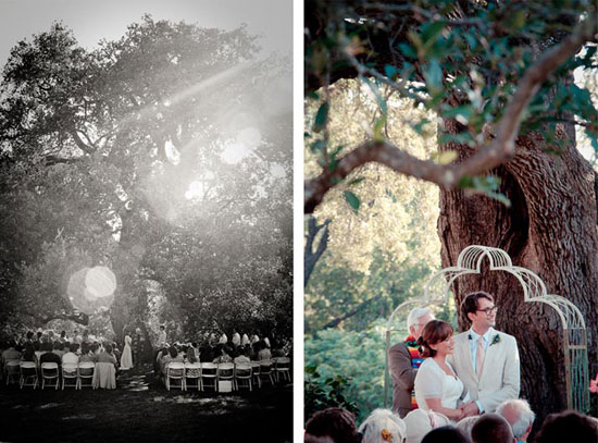 outdoor wedding under an old oaktree at sunset