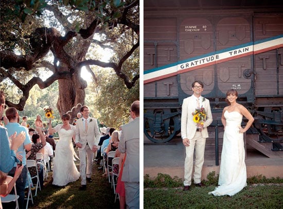 bride and groom walking away from outdoor alter by oak tree