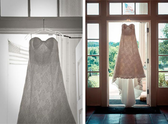 vintage wedding dress hanging from doorway in austin tx