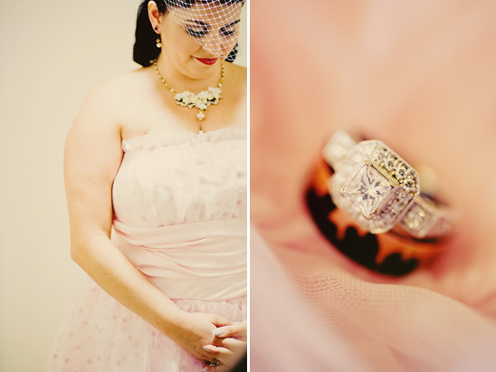 Bride in pink dress with diamond wedding rings