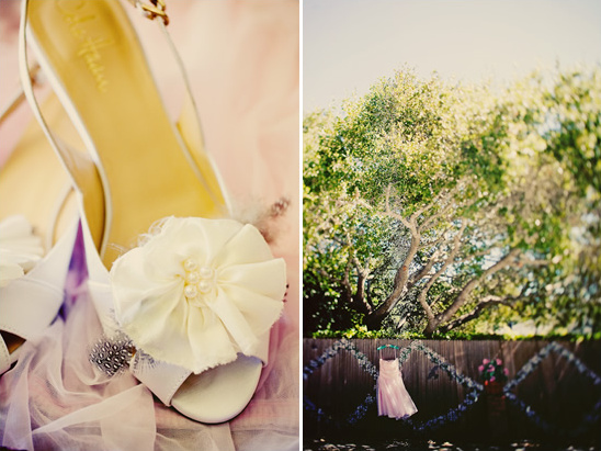 Elegant wedding shoes and dress ready for the big day