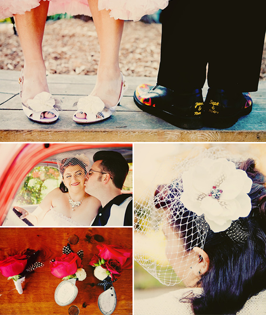 Unique retro themed wedding details and loving couple