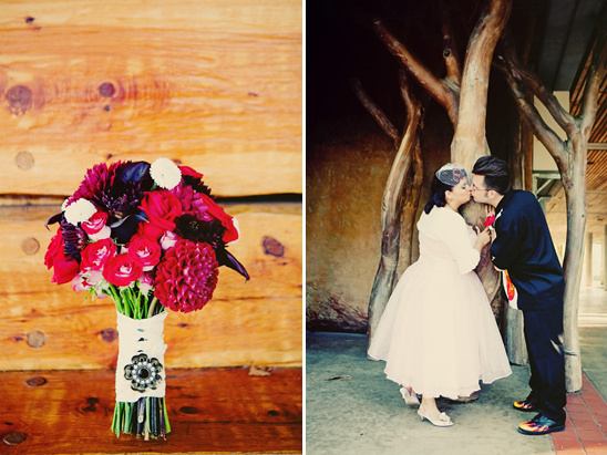 Vintage wedding with red flower bouquet and kissing couple