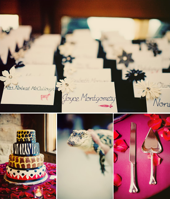 Whimsical wedding details with animal prints and alligator