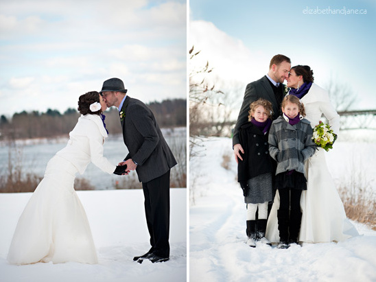 Wedding photo: bride and groom portraits in the snow