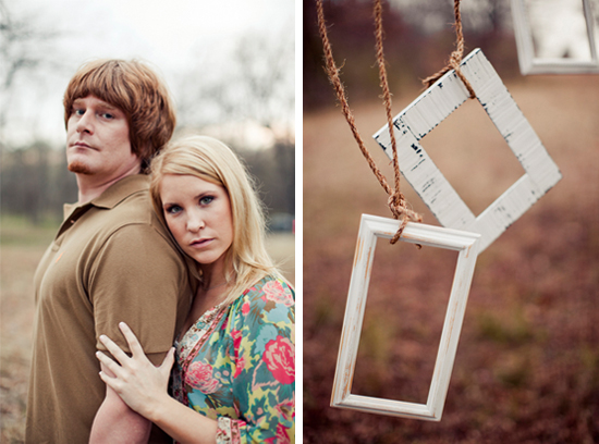 Couple posing next to picture frames, perfect engagement shoot
