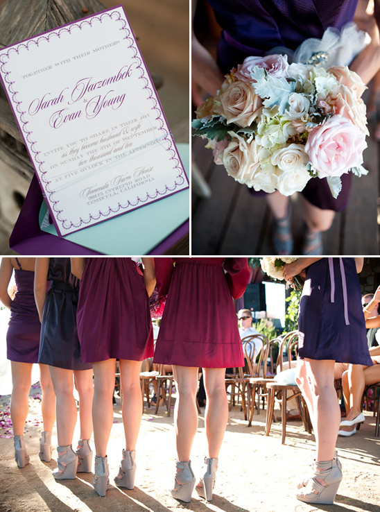 Wedding invitation and bridesmaids in purple dresses
