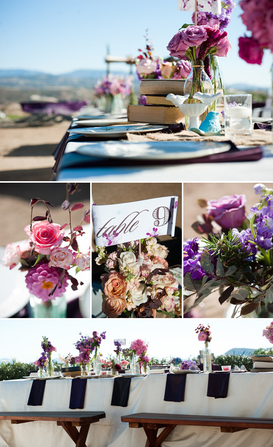 Rustic wedding table centerpiece with purple flowers
