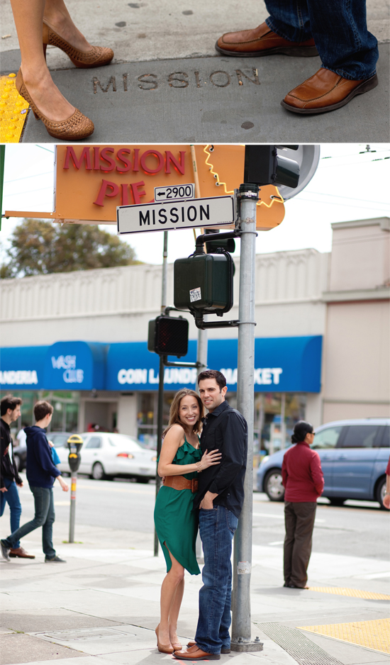 Couple poses on Mission Street sidewalk in San Francisco