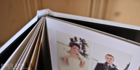 Wedding photo album with printed pictures of bride and groom