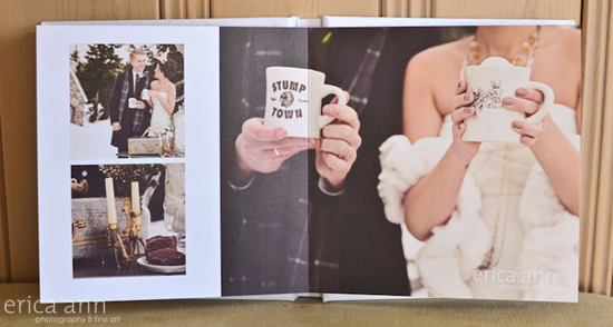 Wedding album with couple holding coffee mugs in rustic setting