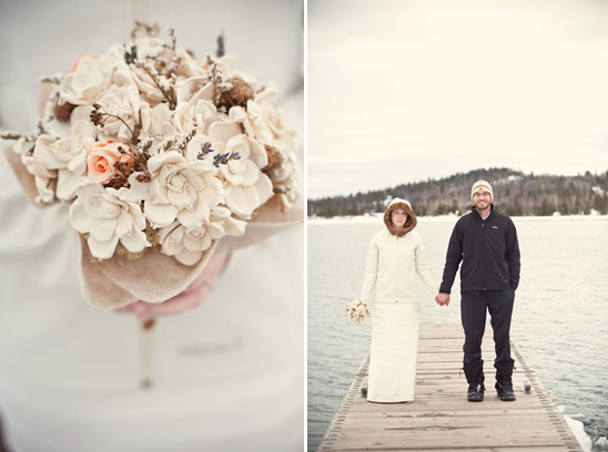 Winter wedding bouquet bride groom snow scene