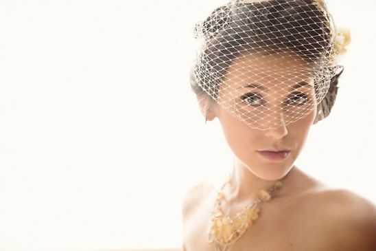 Elegant woman with veil and necklace, staring at camera