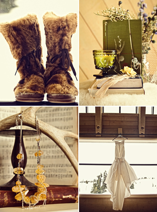 Cozy collage of winter boots, jewelry, and a wedding dress by a window