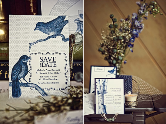 Rustic wedding stationery with blue bird and flowers, save the date