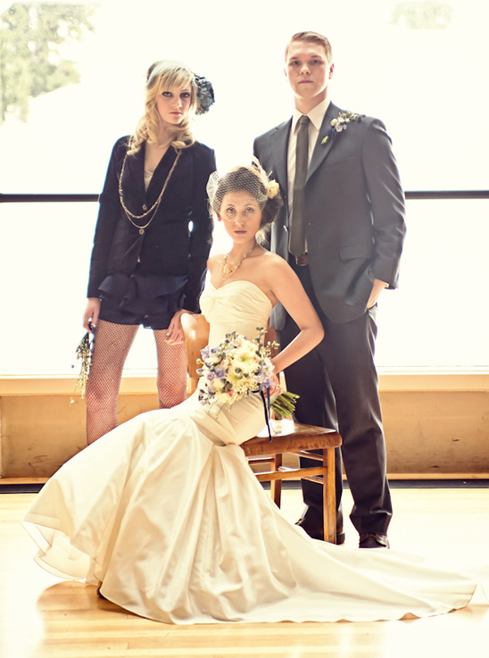 Alternative wedding party with bride and groom