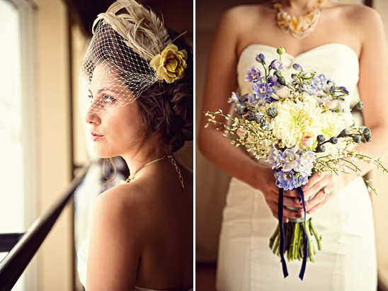 Bride with veil and bouquet, dreaming on her wedding day