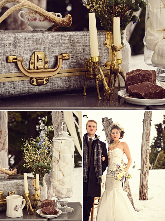 Rustic winter wedding decor with couple and marshmallows