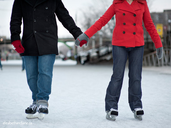 Engagement Photo: couple skating on the Rideau Canal in Ottawa, Canada
