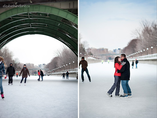 Engagement Photo: couple skating on the Rideau Canal in Ottawa, Canada