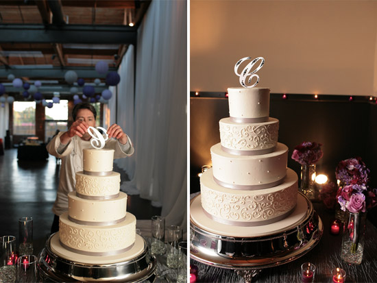 Elegant wedding cake with a C initial topper for the couple