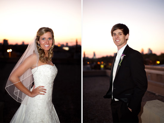 Bride and groom portrait at sunset on wedding day, smiles