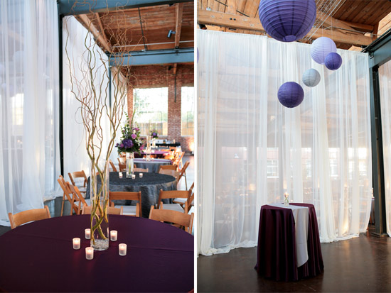 Elegant wedding reception venue with draping and purple decor