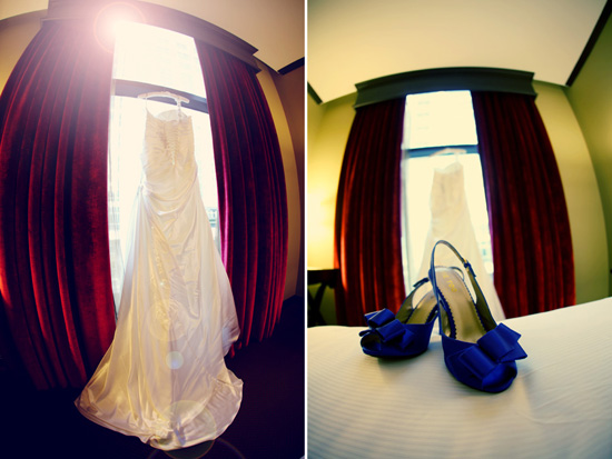 Wedding dress and blue shoes awaiting the special day