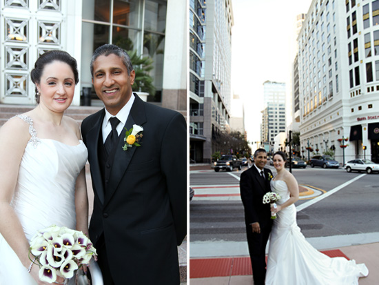 Happy couple on their wedding day, city background