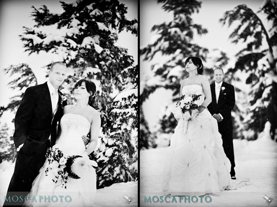 Black and white winter wedding portrait of a happy couple