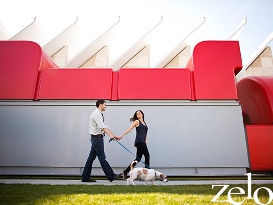 Couple walking dog with modern architecture in the background