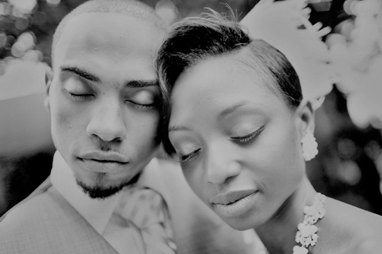 Black and white portrait of a newly married couple