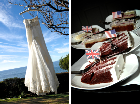 Elegant wedding gown and red velvet cake with flags