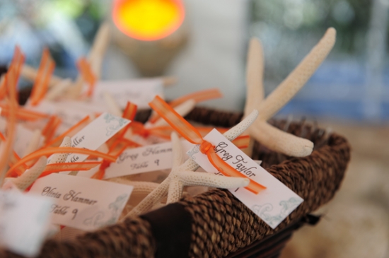 Seashell place cards in basket