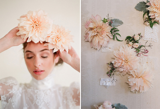 Woman with peach dahlia crown and peach dahlia decoration