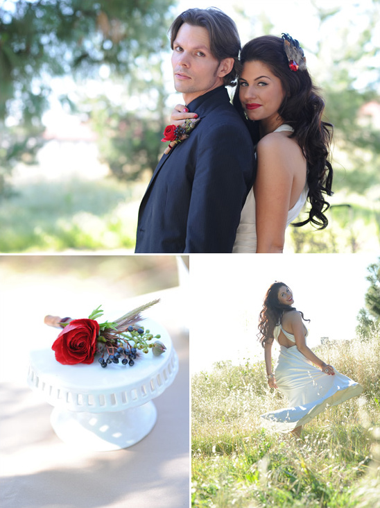 Happy couple wedding portrait with red rose boutonniere