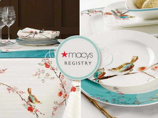 Macy's Registry: Bird-themed dinnerware and tablecloth