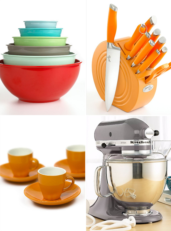 Colorful kitchenware: bowls, knives, cups, mixer