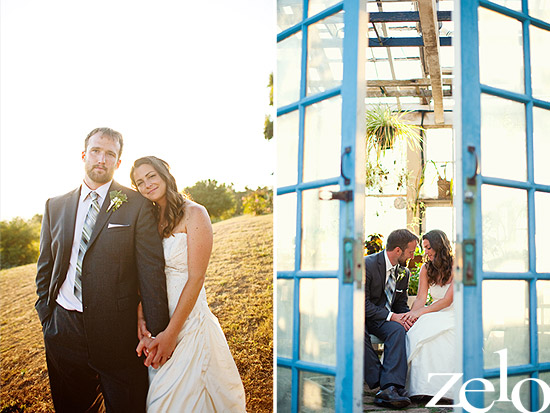Bride and groom in outdoor wedding greenhouse photos