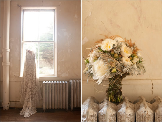 Elegant wedding dress and bouquet