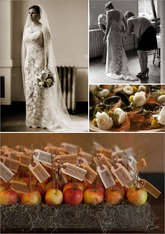 Wedding decorations with bride, floral arrangements, and apples