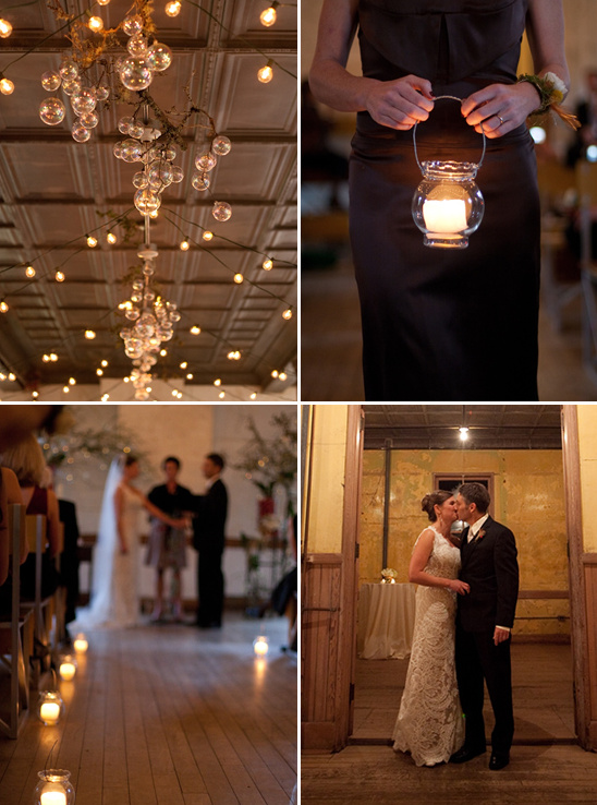 Rustic wedding with candles and light bulb decorations