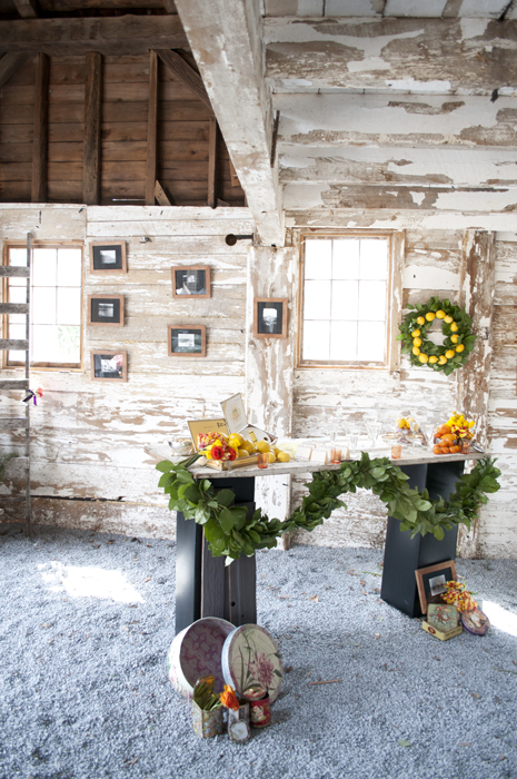 Rustic barn wedding reception table