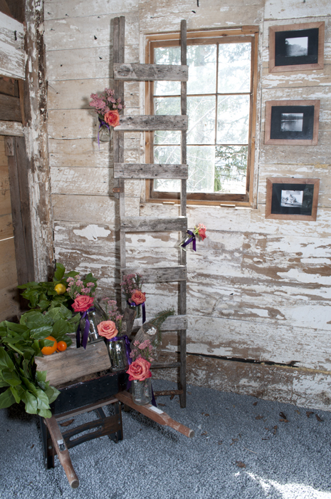 Rustic wooden ladder and flowers on a wagon